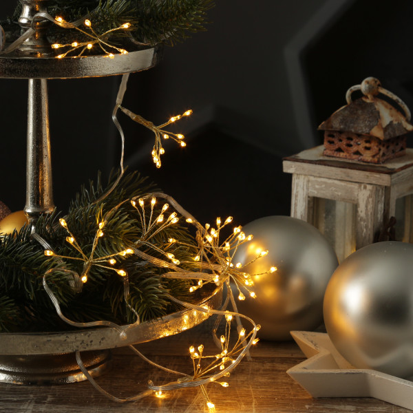 LED Lichterkette Pusteblume - Feuerwerk Blume - 90 Tautropfen LED - 9 Blüten - L: 2m - Timer - gold