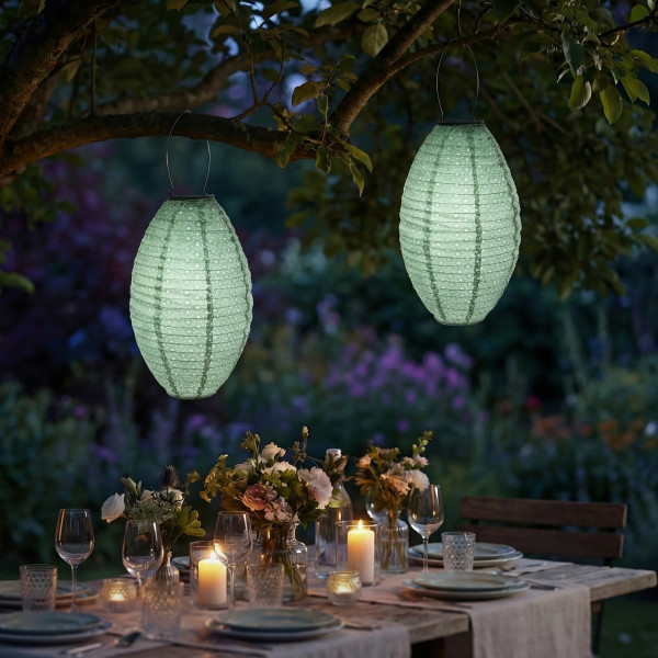 LED Solar Lampions oval - mit Blumenmuster - H: 38cm - D: 23cm - Lichtsensor - grün - 2er Set
