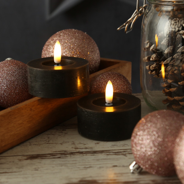 LED Maxi Teelichter LINA - Rustik-Optik - Echtwachs - Timer - D: 7cm - H: 6cm - schwarz - 2 Stück
