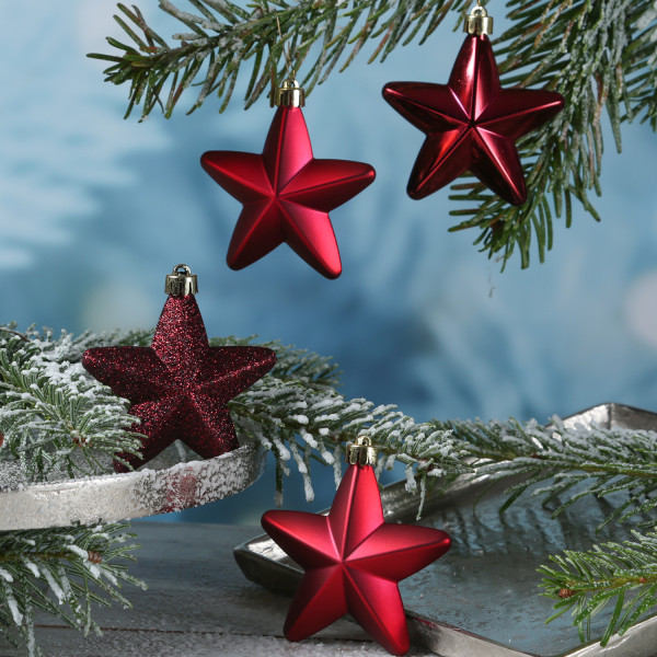 Christbaumschmuck STERN - Weihnachtsbaumschmuck - bruchfest - H: 7,5cm - weinrot - 6er Set