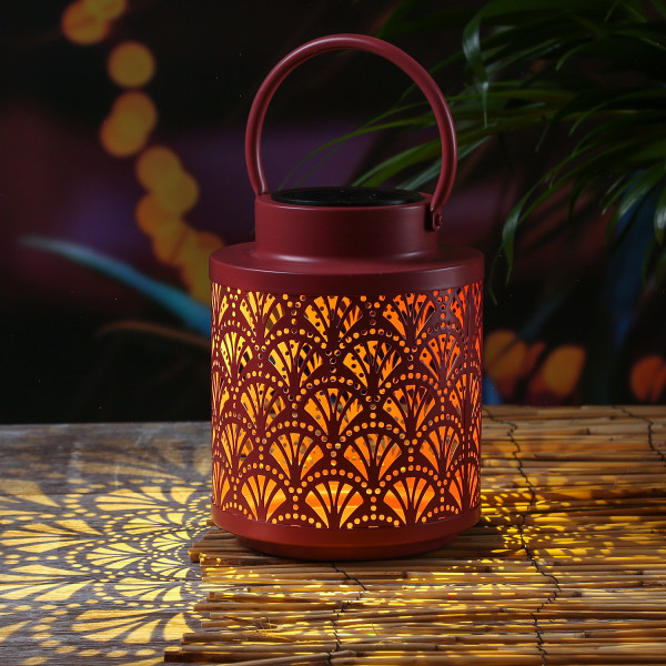 LED Solar Laterne - Fächer Muster - hängend und stehend - H: 19cm - Lichtsensor - für Außen - rot