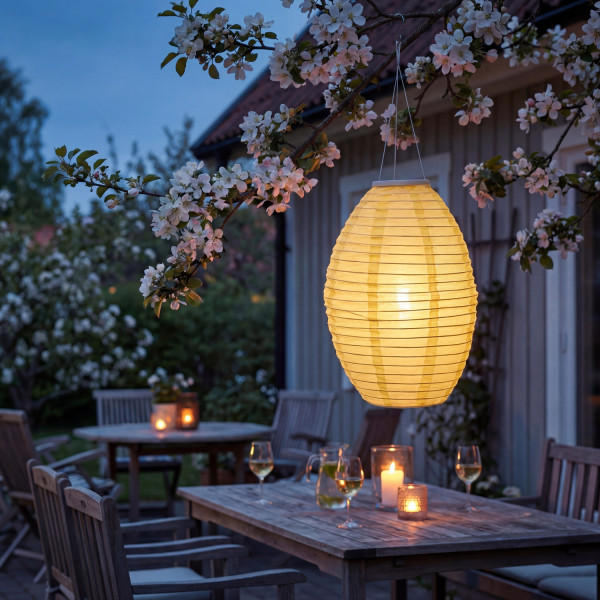 LED Solar Lampion oval - warmweiße LED - H: 33cm - D: 22cm - Lichtsensor - gelb