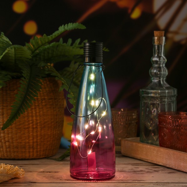 LED Solar Flasche - Glas - hängend/stehend - LED Drahtlichterkette - Sensor - H: 26cm - blau/pink