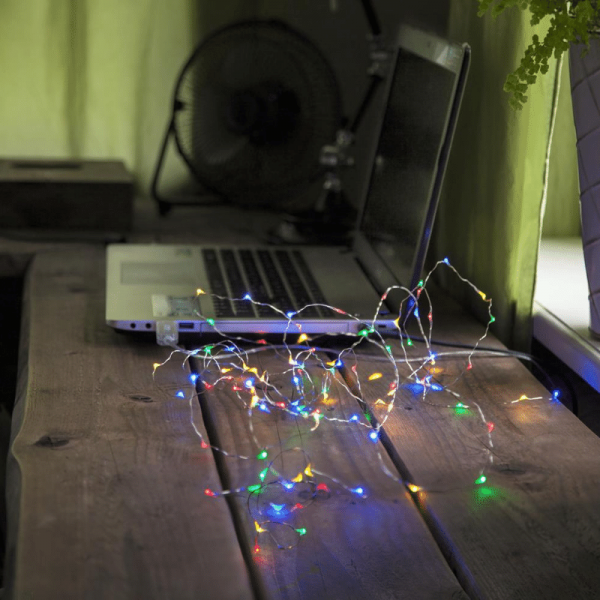 LED Drahtlichterkette "String Dew Drop" USB - 100 bunte LED - 5m - silberner Draht - 8 Modi - Timer