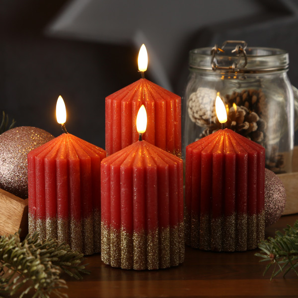 LED Kerzenset LIV - gerillt - Echtwachs - H: 10cm - D: 7cm - Timer - rot/gold - 4er Set