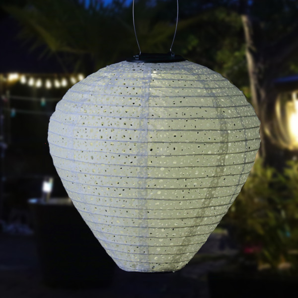 LED Solar Lampion Ballon - mit Blumenmuster - warmweiße LED - H: 30cm - D: 30cm - Lichtsensor - weiß