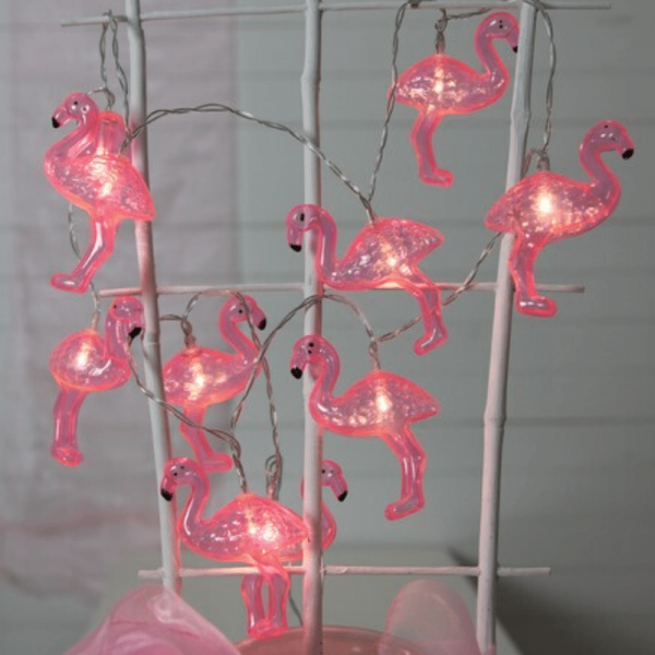 LED Lichterkette "Flamingo" - 10 pinke Flamingos - warmweiße LED - Batterie - Timer - pink