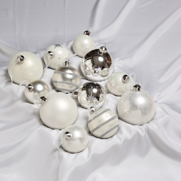 Christbaumkugel - Weihnachtskugel - Glas - 3 Größen - glänzend matt glitzernd - silber weiß - 12St.