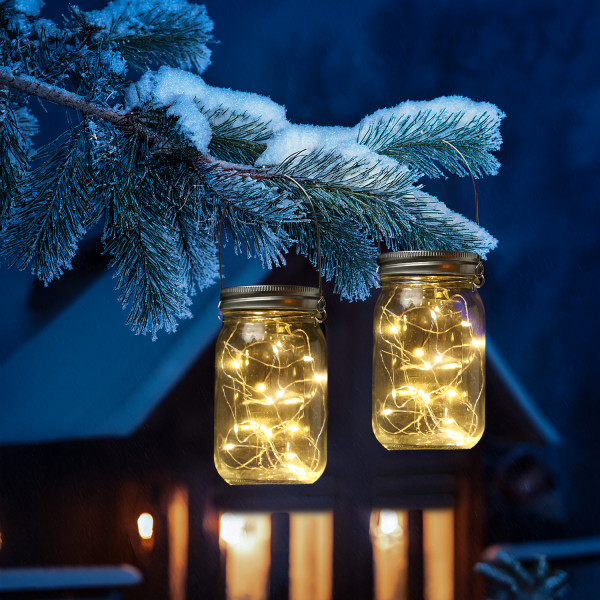 LED Solar Gläser - Windlichter mit Drahtlichterkette - Lichtsensor - H: 13cm - transparent - 2 Stück