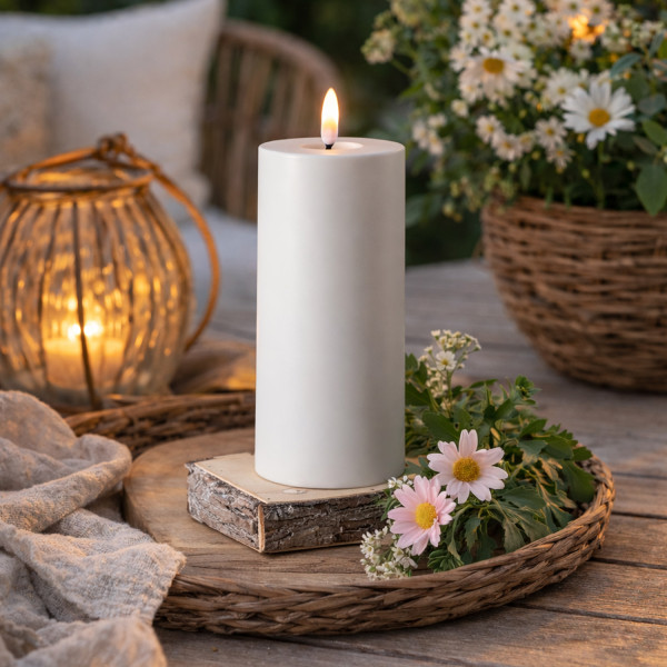 LED Kerze outdoor - Kunststoff - 3D Flamme - H: 17,5cm - D: 7,5cm - Timer - für Innen/Außen - weiß