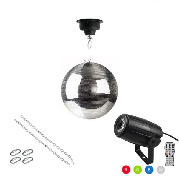 Spiegelkugel Komplettset 30cm mit Motor, 5W LED Pinspot (RGBW) und Montagematerial PREMIUM