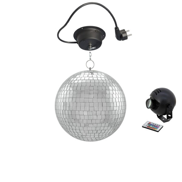 Spiegelkugel Komplettset - Discokugel, Motor, Pinspot, Montagematerial für Diskokugel - Mirrorball Set - Partyset