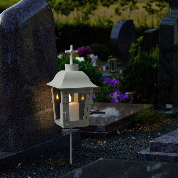 Grablaterne mit Mini LED Kerze - Grablampe mit 2 wechselbaren Spitzen/Erdspieß - H: 51cm - weiß