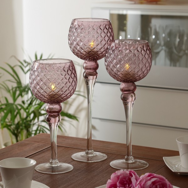 Kerzenhalter Kelch - Windlicht - Glas - H: 30,5cm/34,5cm/40cm - rosa - 3er Set