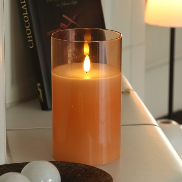 LED Kerze im Glas - Windlicht - Echtwachs - flackernde 3D Flamme - Timer - H: 17,5cm - orange