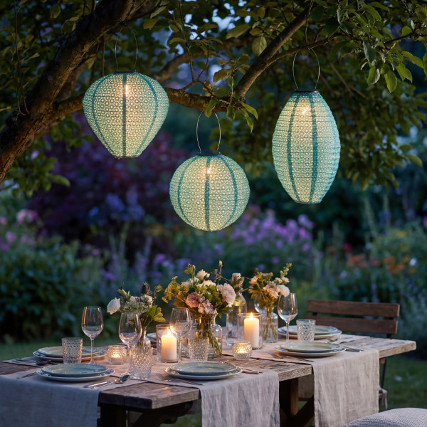 LED Solar Lampions mit Blumenmuster - oval/rund/Ballonform - Lichtsensor - blau - 3er Set