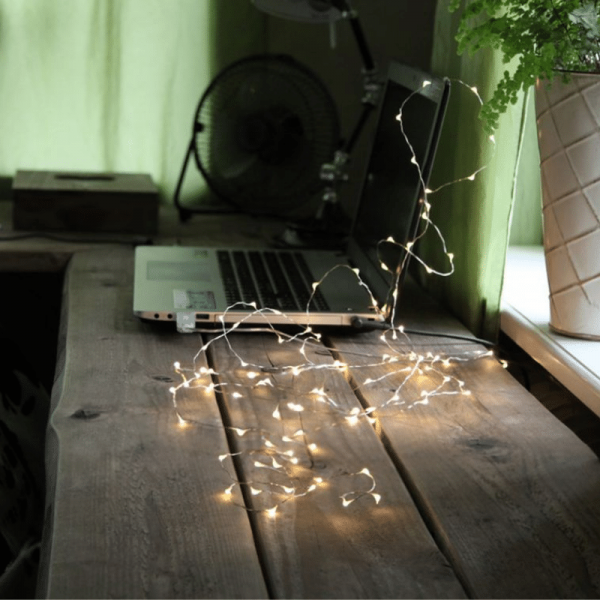LED Drahtlichterkette "String Dew Drop" USB - 100 weiße LED - 5m - silberner Draht - 8 Modi