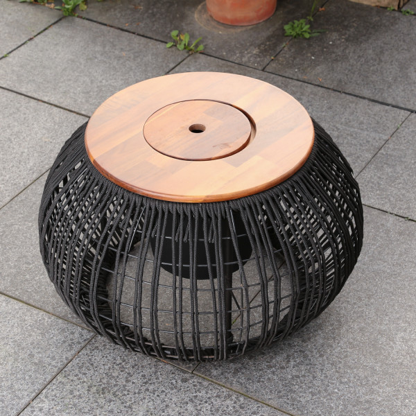 Garten Beistelltisch - integrierter Behälter - Kunststoffseil - H: 37cm - D: 58cm - schwarz