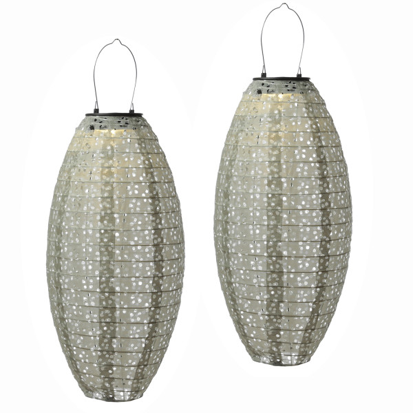 LED Solar Lampions oval - mit Blumenmuster - warmweiß - H: 40cm - Lichtsensor - grün - 2 Stück