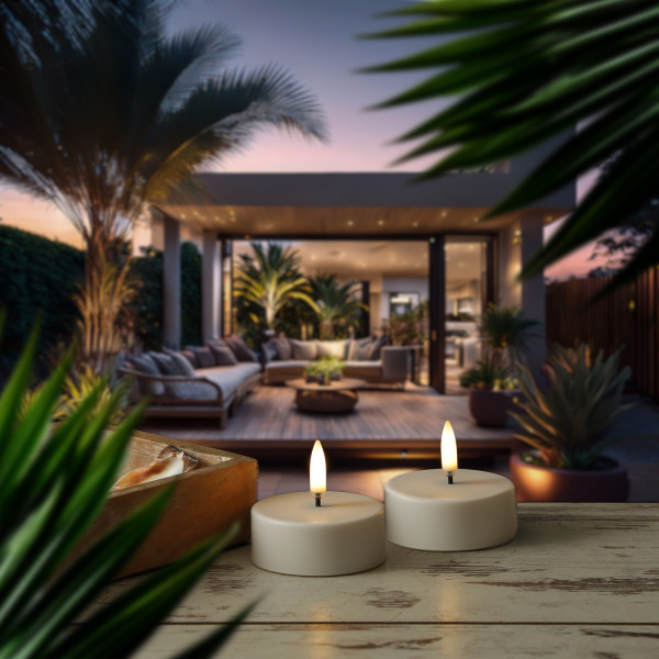 LED Maxi Teelichter - 2 wiederaufladbare LED Teelichter - D: 6cm - Timer - weiß - für Außen