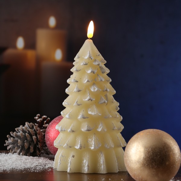 LED Kerze Tannenbaum - Echtwachs - warmweiße 3D Flamme - H: 20cm - Timer - creme