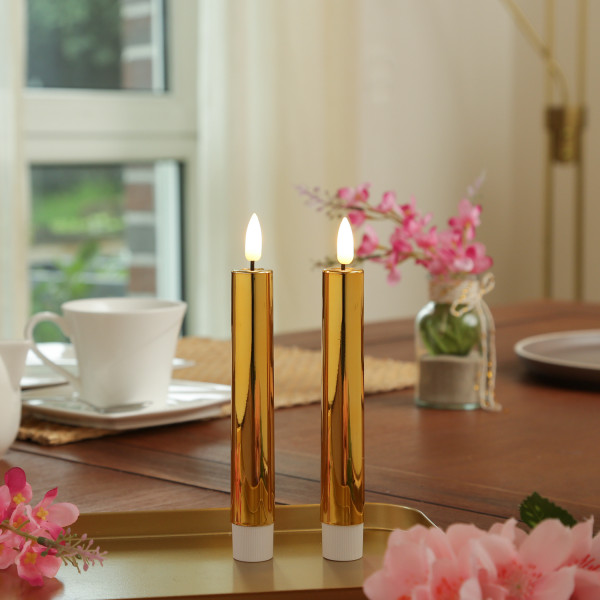 LED Stabkerzen - Tafelkerzen aus Kunststoff - H: 17cm - Timer - gold glänzend - 2er Set
