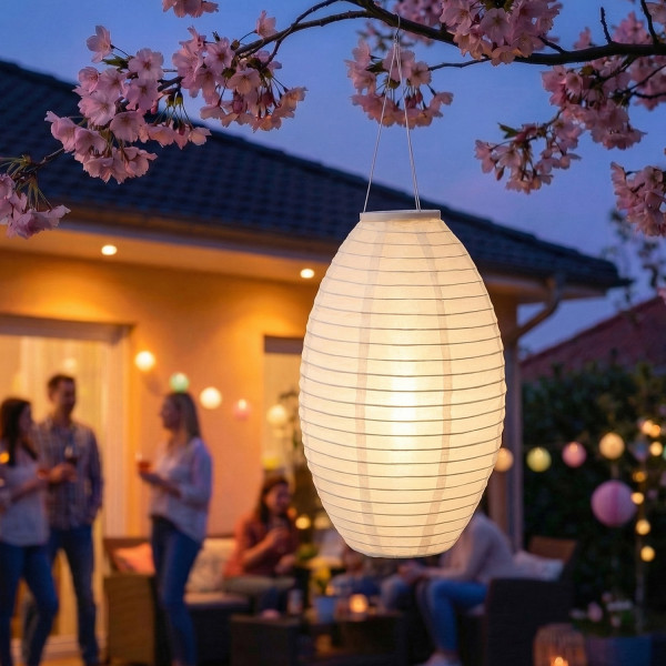LED Solar Lampion oval - warmweiße LED - H: 33cm - D: 22cm - Lichtsensor - weiß