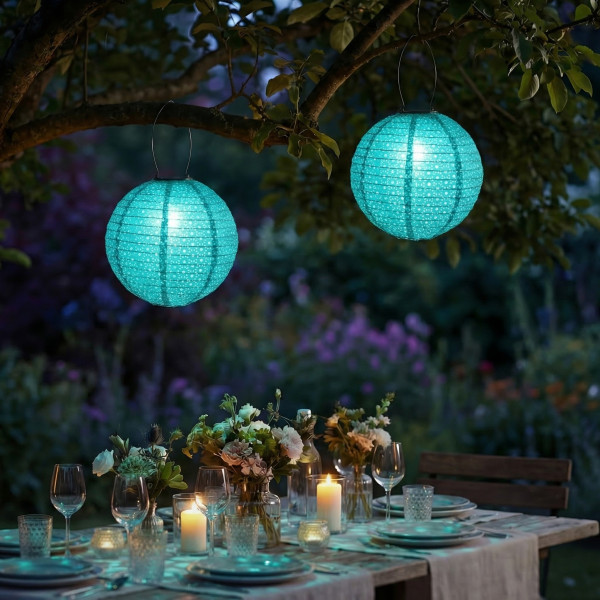 LED Solar Lampion - mit Blumenmuster - warmweiß - H: 25cm - D: 25cm - Lichtsensor - blau - 2er Set