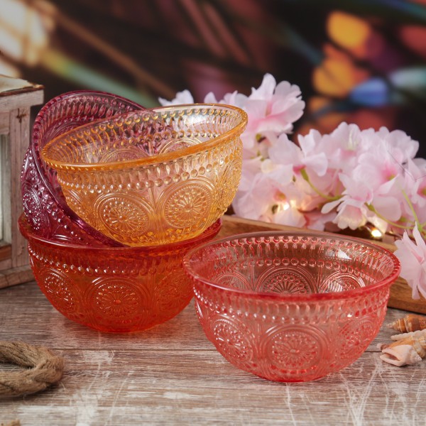 Glasschale Vintage mit Blumenmuster - Dessert/Snack Schüssel - D: 12,7cm - 210ml - Boho Stil - gelb