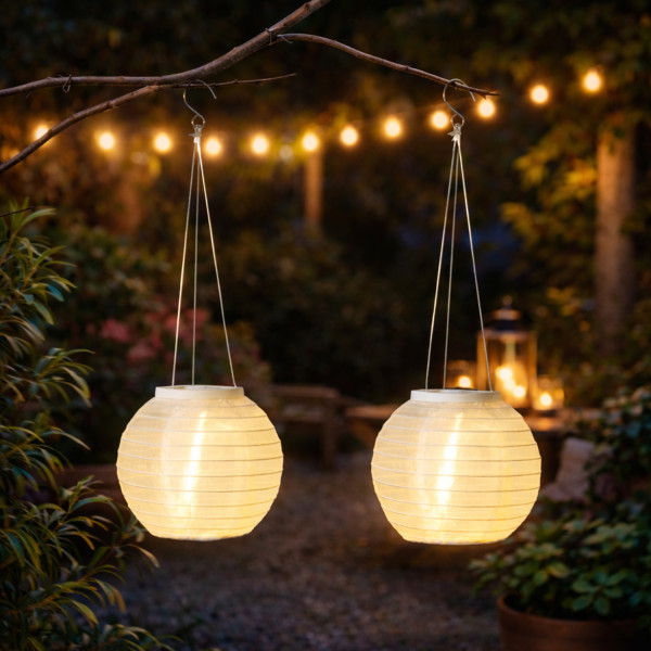 LED Solar Lampions - warmweiße LED - H: 10cm - D: 15cm - Lichtsensor - weiß - 2er Set