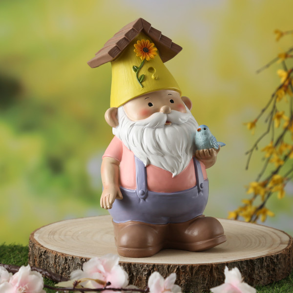 Gartenzwerg mit Vogelhaus-Mütze - Zwerg mit Vögelchen - Gartenfigur aus Polyresin - H: 24,5cm