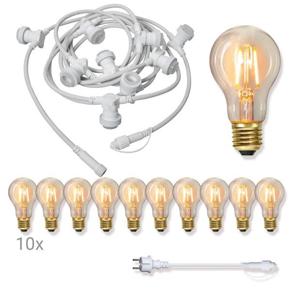 Komplettset CONNECTA WHITE - Lichterkette 7,35m+5m Zuleitung - 10 x Edison LED Leuchtmittel - IP44