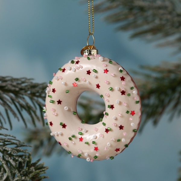 Weihnachtsbaumschmuck DONUT - Glas - inkl. Aufhänger - glänzend mit Verzierung - H: 8,5cm - creme
