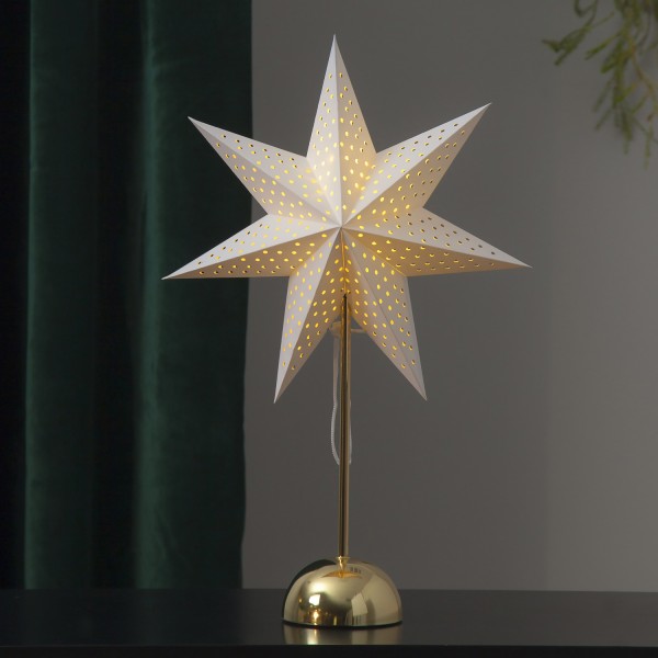 LED Papierstern Lottie - stehend - 7-zackig - 50 warmweiße LED - D: 35cm, H: 55cm - weiß/gold
