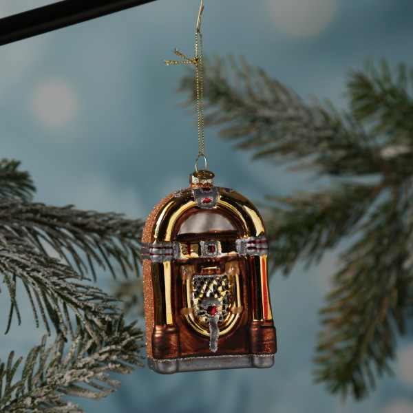 Weihnachtsbaumschmuck JUKEBOX - Glas - inkl. Aufhänger - glänzend und glitzernd - H: 11,5cm - braun