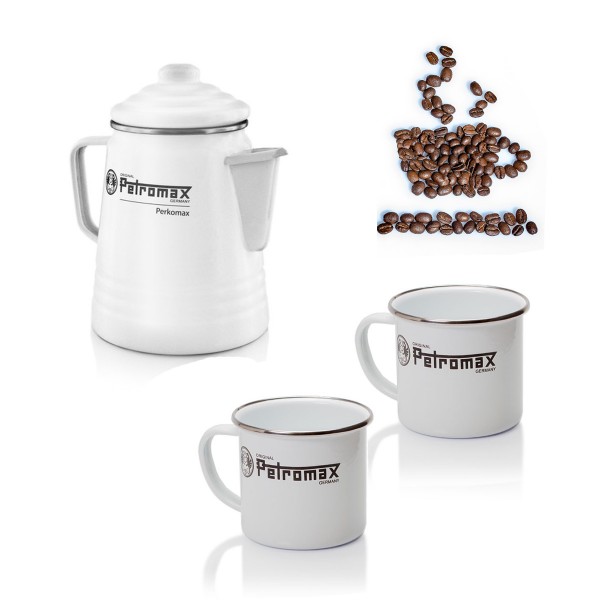 Kaffee Set Petromax ON TOUR weiß - Petromax Perkolator + 2 x Emaille Becher - Outdoor Kaffee Genuss