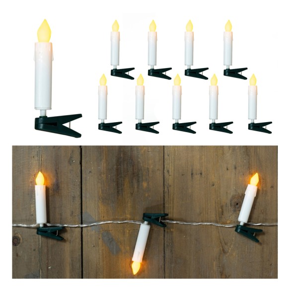 LED Kerzenkette - 10 Miniatur Baumkerzen mit Clip - Batteriebetrieb - gelbes Licht - L: 70cm