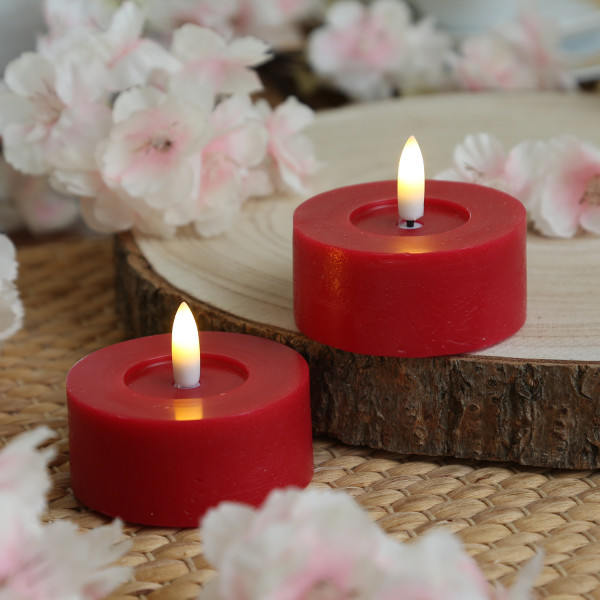 LED Maxi Teelichter LINA - Rustik-Optik - Echtwachs - Timer - D: 7cm - H: 6cm - rot - 2 Stück