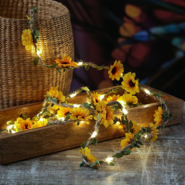 LED Lichterkette Sonnenblumen - Blumengirlande - 30 warmweiße LED - Batterie - Timer - L:2,9m - gelb