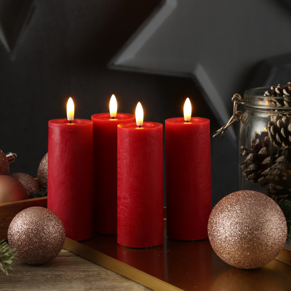 LED Kerzenset LINA - Rustik-Optik - Echtwachs - H: 12,5cm - D: 5cm - Timer - rot - 4er Set