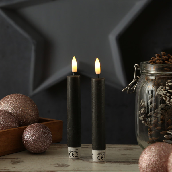 LED Stabkerzen LINA - Rustik-Optik - Echtwachs - 3D Flamme - H: 16cm - Timer - schwarz - 2er Set
