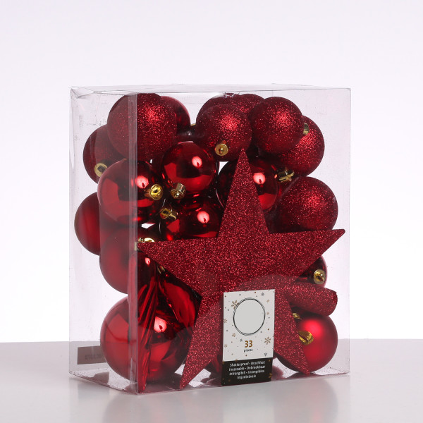 Christbaumkugeln - Weihnachtsbaumkugeln mit Stern Baumspitze - bruchfest - rot - 33er Set