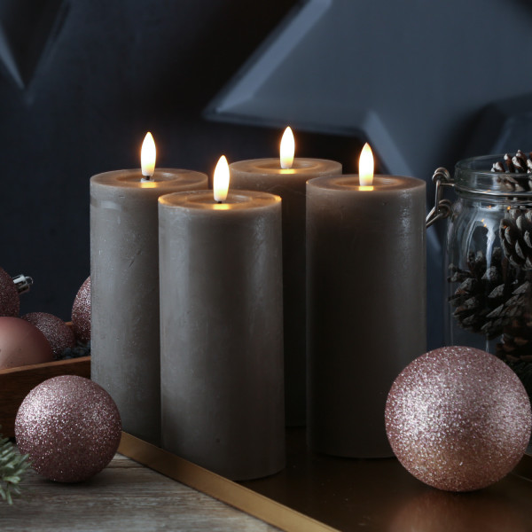 LED Kerzenset LINA - Rustik-Optik - Echtwachs - H: 15cm - D: 7cm - Timer - grau - 4er Set