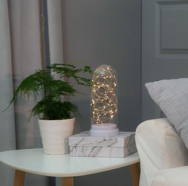 LED Lichterkette in Glaskuppel - 50 warmweiße LED - H: 25cm, D: 11cm - Batterie - Timer - weiß