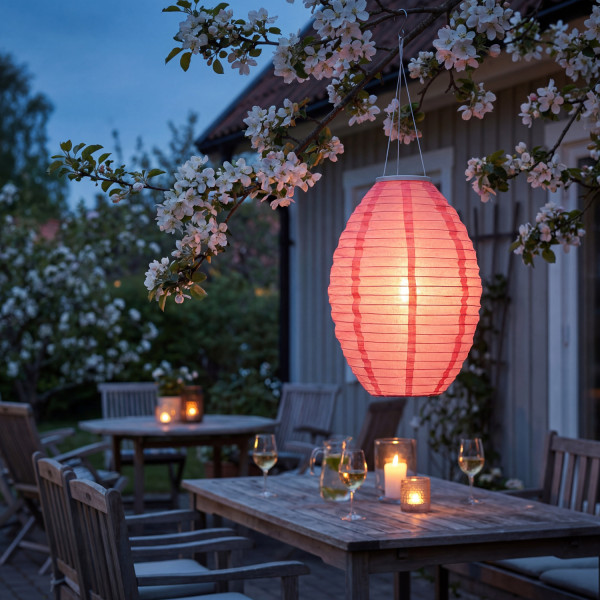 LED Solar Lampion oval - warmweiße LED - H: 33cm - D: 22cm - Lichtsensor - pink
