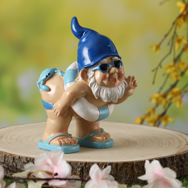 Gartenzwerg Hose Runter mit Schwimmring - Maritimer Zwerg mit Krabbe auf Po - Polyresin - H: 18cm