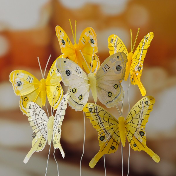 Deko Schmetterlinge - aus Federn - am Draht - H: 6,5cm - 2 Motive - gelb - 6er Set