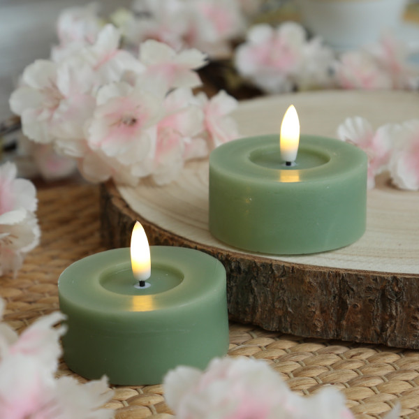 LED Maxi Teelichter LINA - Rustik-Optik - Echtwachs - Timer - D: 7cm - H: 6cm - grün - 2 Stück