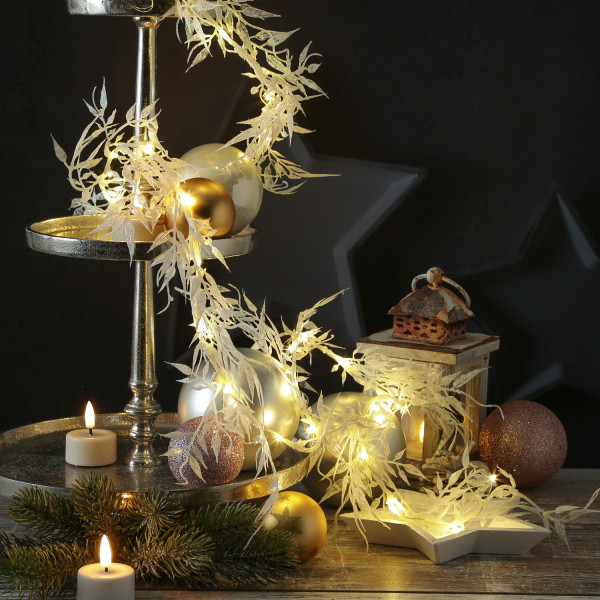 LED Drahtlichterkette Blätter mit Glitzer - 30 warmweiße LED - L: 150cm - Timer - Batterie - weiß