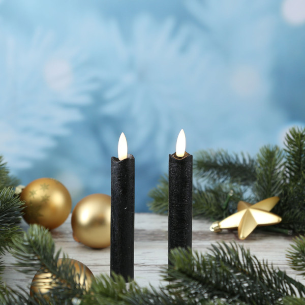LED Stabkerzen Flamme - Echtwachs - flackernde warmweiße LED - H: 15cm - Timer - schwarz - 2er Set